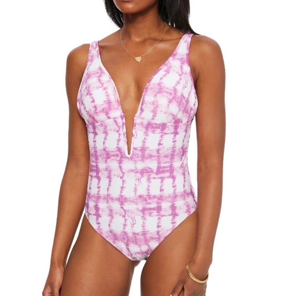BAR III Summer Stripes Plunge Purple Tie Dye One Piece Swimsuit